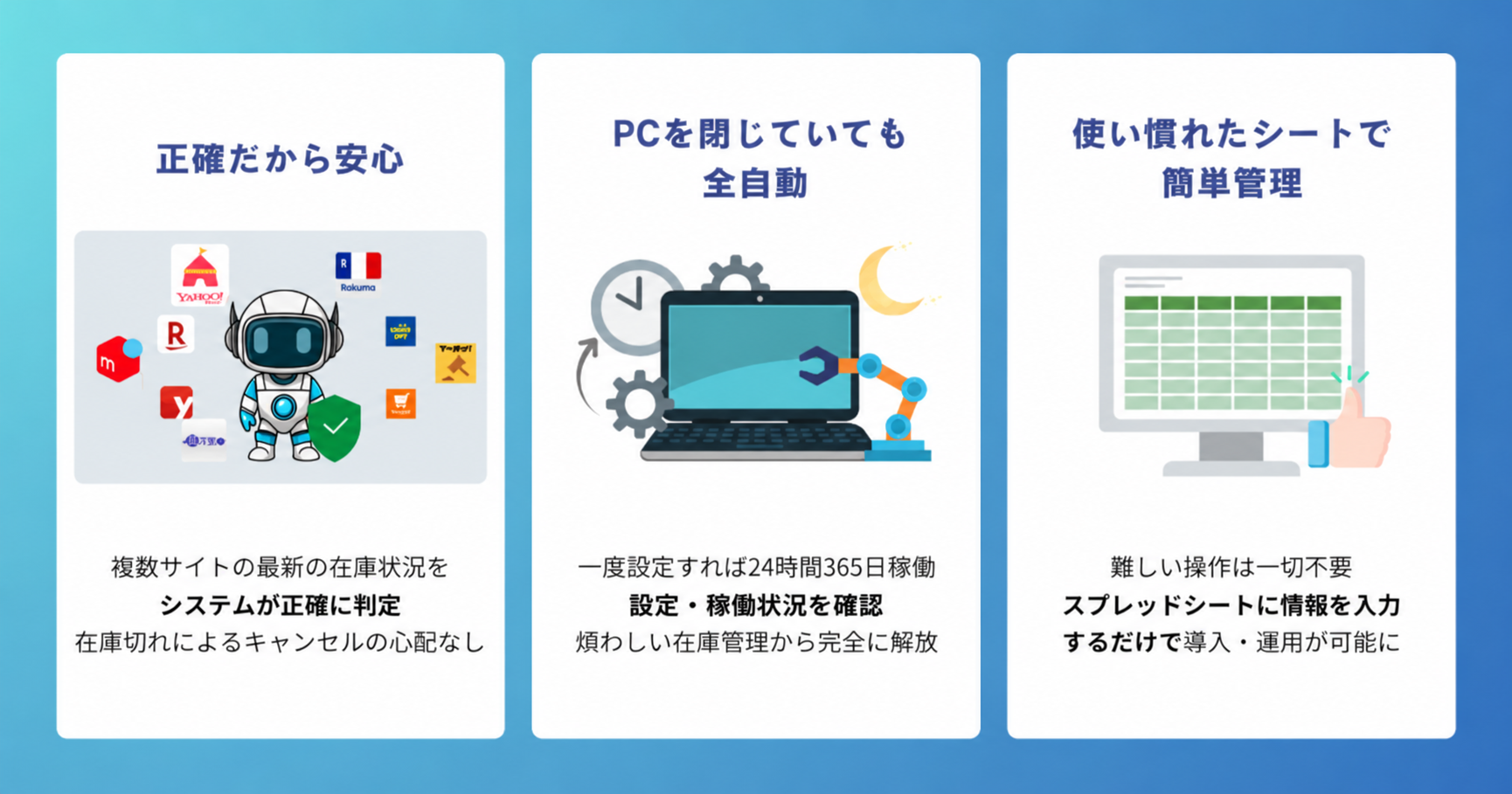 StockSyncersの在庫確認、PCを閉じても稼働する仕組み、スプレッドシート管理の紹介。設定・稼働状況をご確認ください。