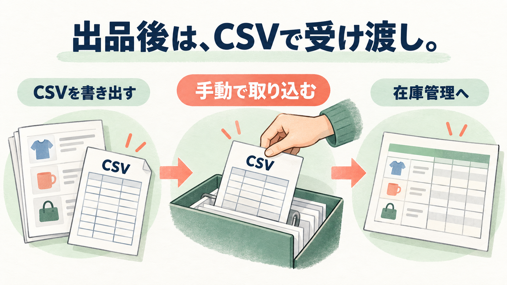 出品済み商品のCSVを書き出し、人が手動で取り込んで在庫管理へ渡す流れ。