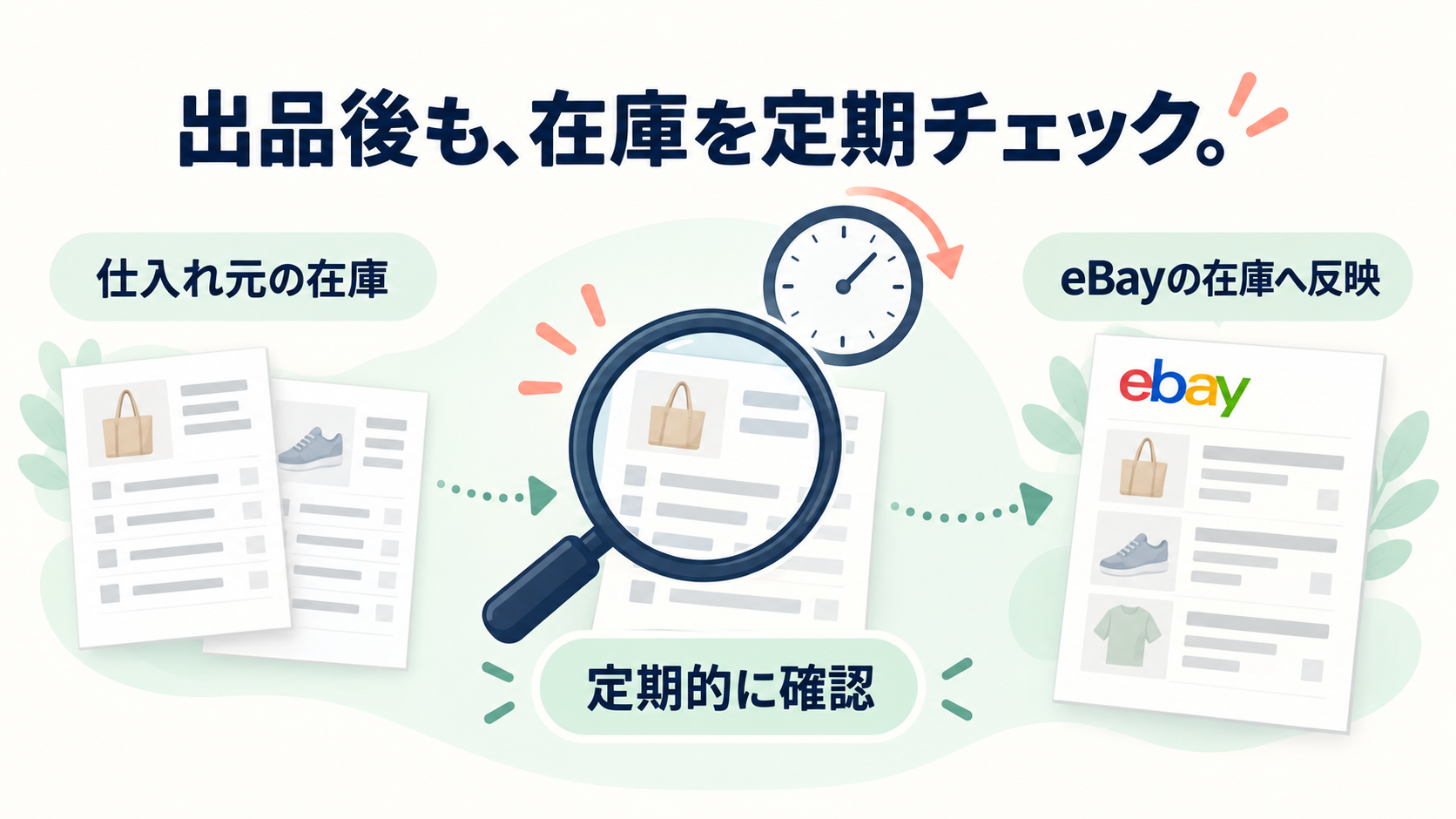 仕入れ元の在庫を定期的に確認し、eBayの在庫へ反映する流れ。